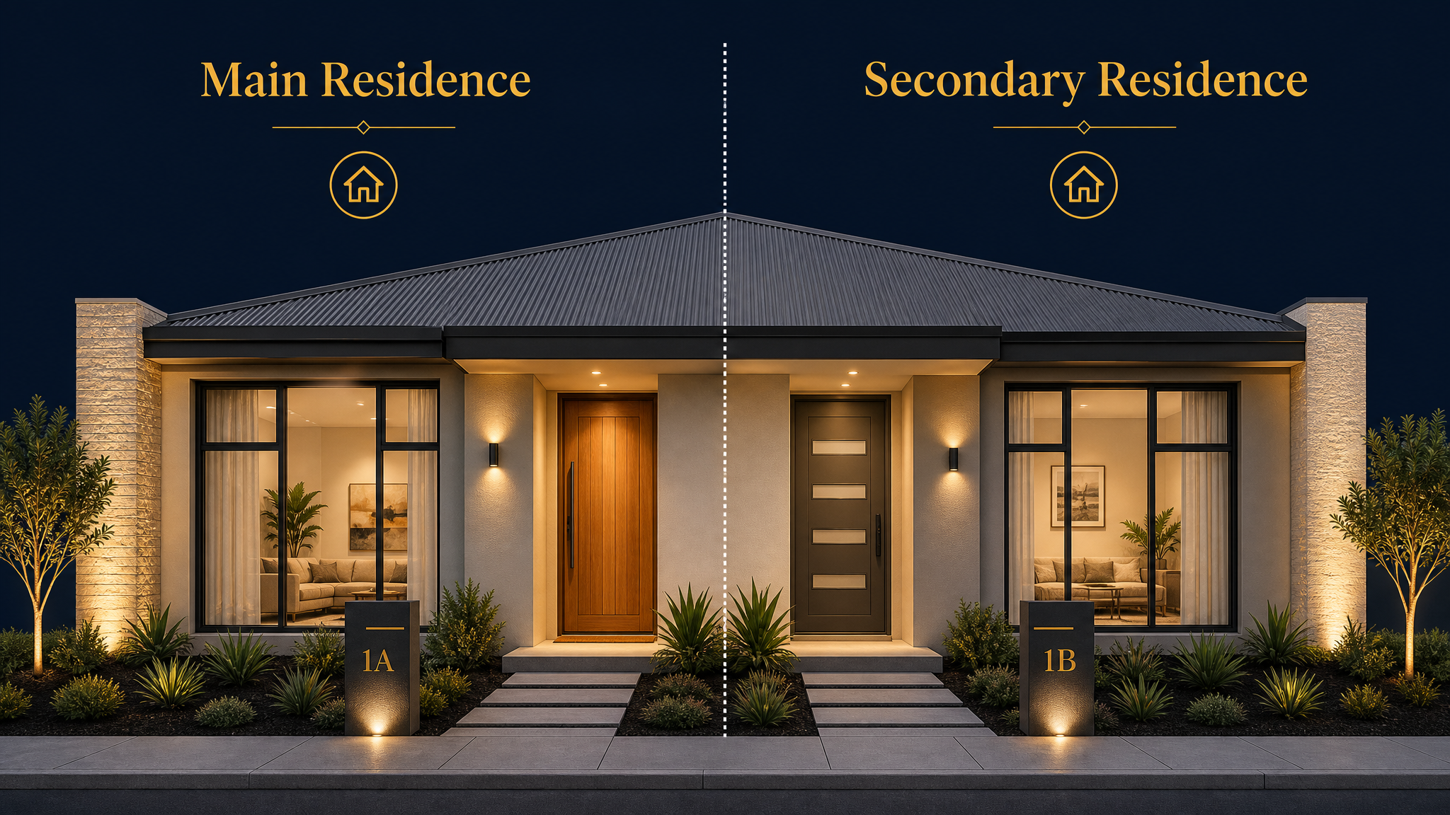Dual key property diagram showing one home with two separate living spaces — main residence and secondary residence