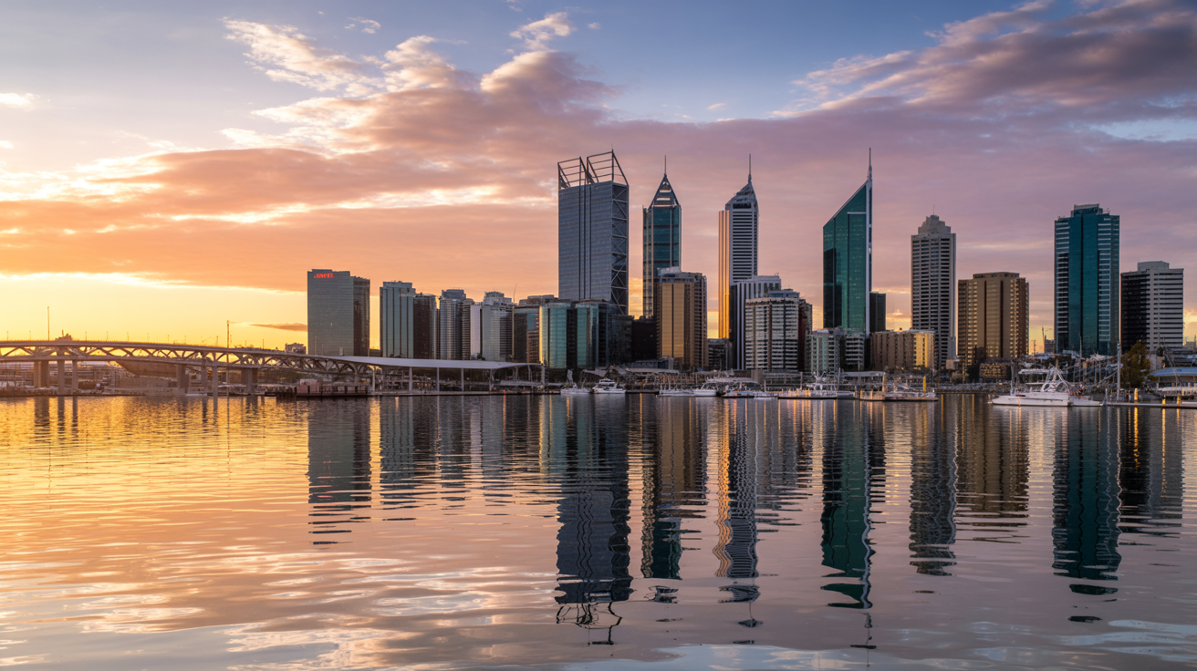 Perth real estate investment — Elizabeth Quay waterfront at golden hour